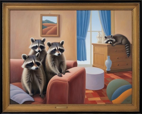 Raccoons on a Red Sofa in a Sunlit Room