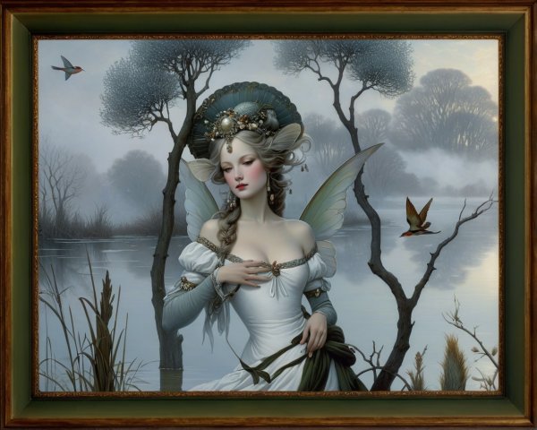 Fairy Maiden in Elegant Gown with Mint-Green Wings
