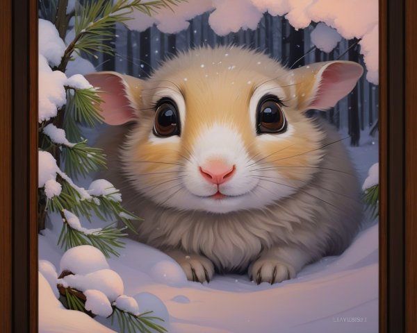 Cartoon Painting of a Cute Bunny in a Snowy Forest