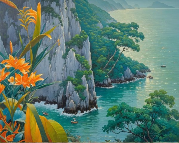 Serene coastline with cliffs, flowers, and tranquil waters