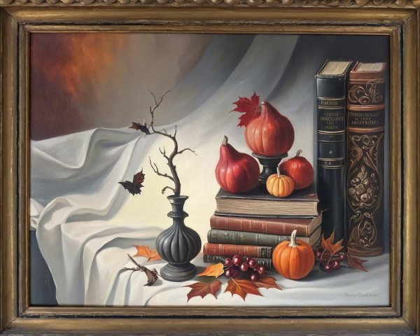 Autumn Still Life with Vintage Books and Pumpkins