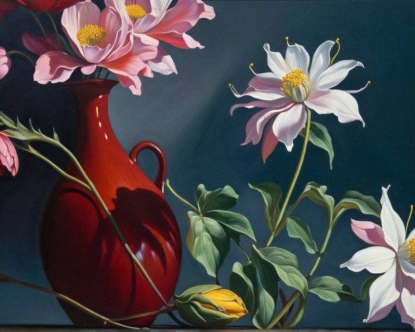 Still Life Painting of Pink and White Flowers in Vase
