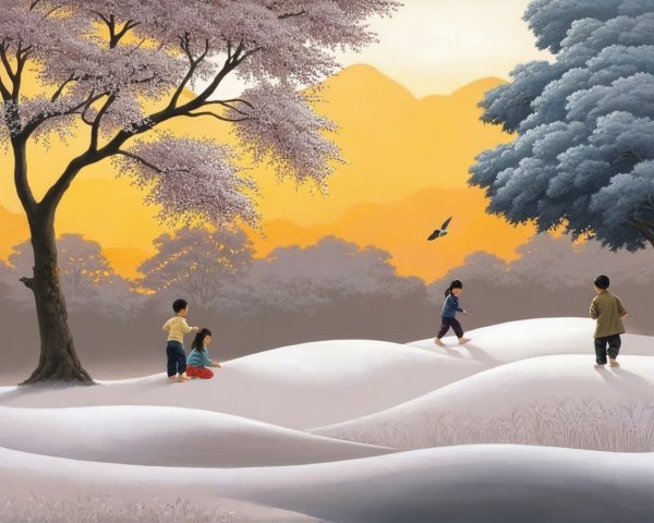 Children Playing in a Serene Golden Landscape