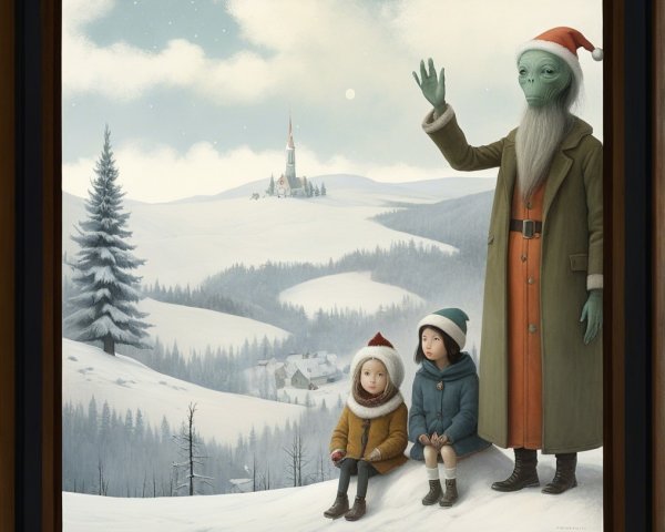 Whimsical Painting of Alien Santa with Children in Snow