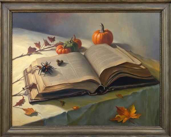 Open Book Surrounded by Autumn Leaves and Pumpkins