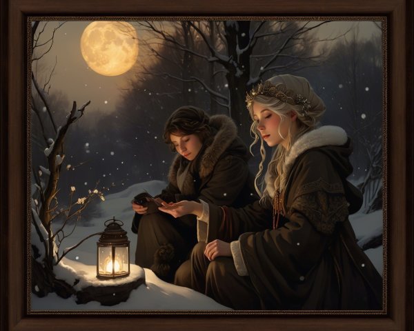 Young women in winter attire in snowy forest scene