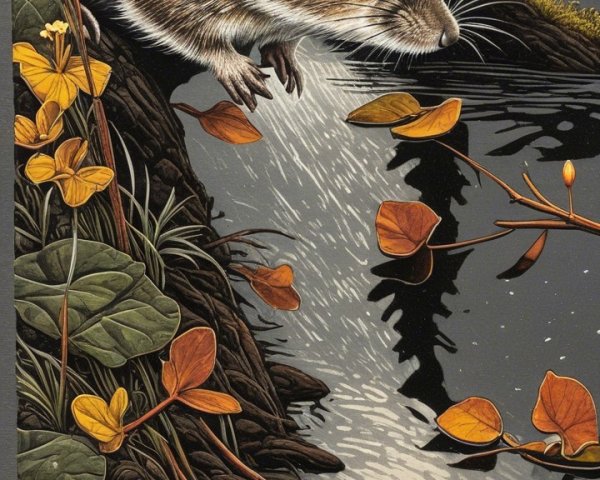 Illustration of a Rodent by a Sunset Waterbody