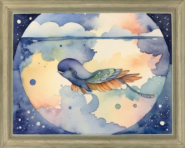 Whimsical Watercolor Bird in Celestial Landscape