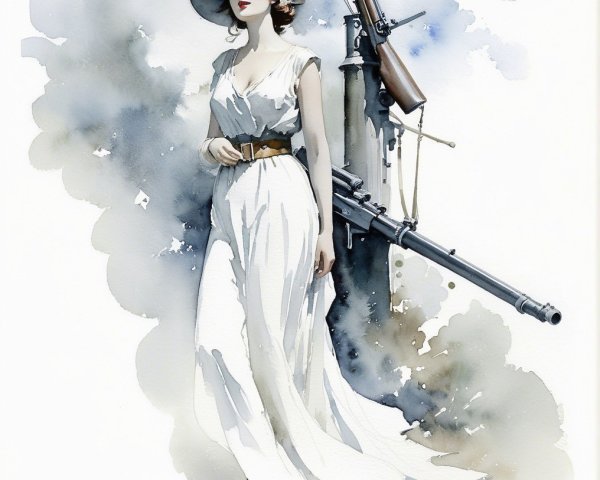 Elegant Woman in White Dress with Vintage Rifle