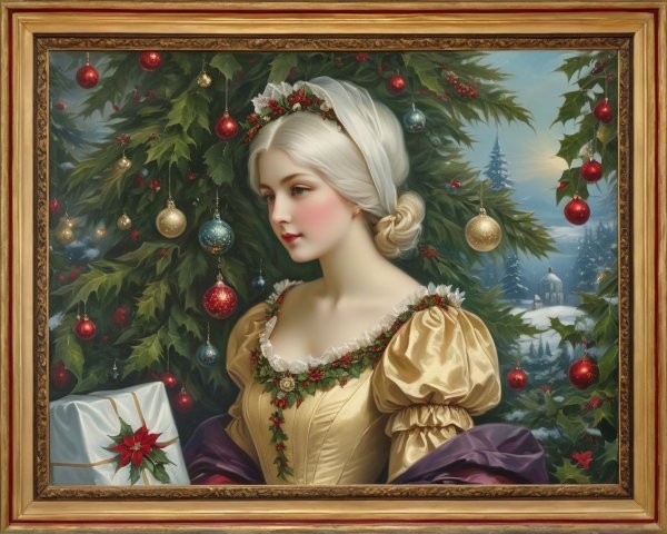 Serene Young Woman in Golden Dress with Holiday Setting