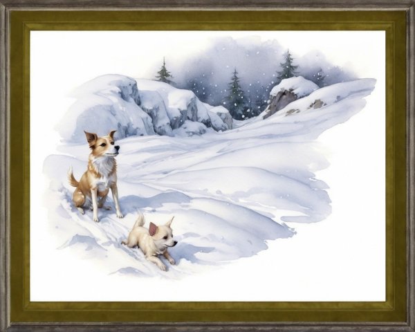 Watercolor Painting of Dogs in a Snowy Landscape