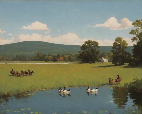 Serene Landscape with Pond and Ducks in Green Fields