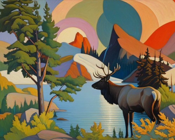 Serene Landscape with Deer by a Tranquil Lake