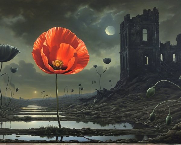 Surreal Landscape with Red Poppy and Ruins