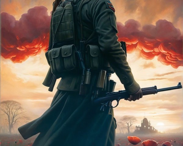 Soldier in Military Gear Among Red Poppies at Sunset