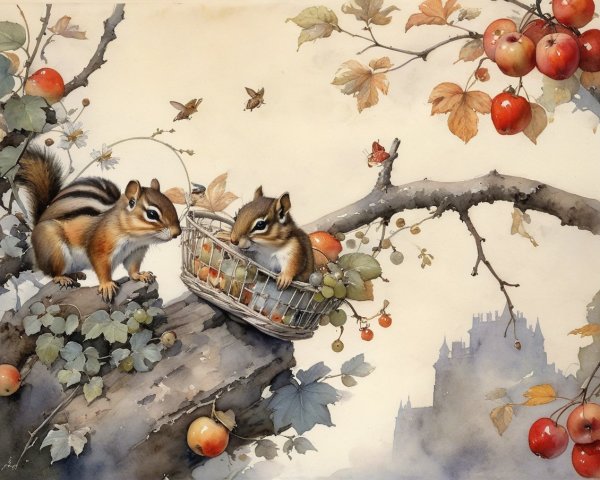 Chipmunks on Tree Branch with Apples and Autumn Leaves