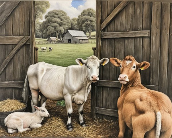 Cows and Lamb in a Serene Rural Barn Scene