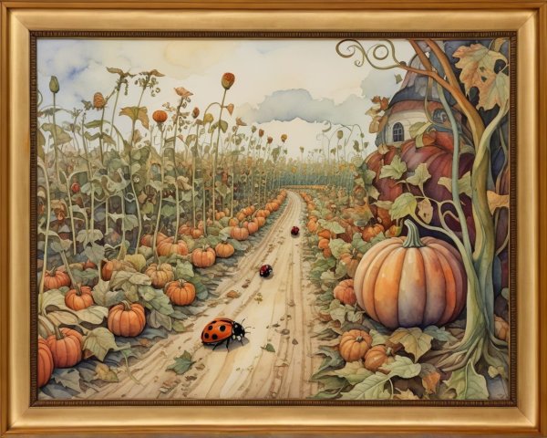 Autumn Scene with Sunflowers, Pumpkins, and Cottage