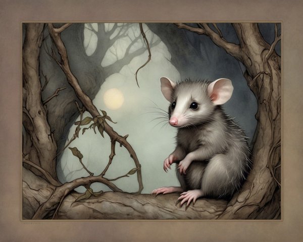 Opossum on a Branch in a Misty Forest Setting