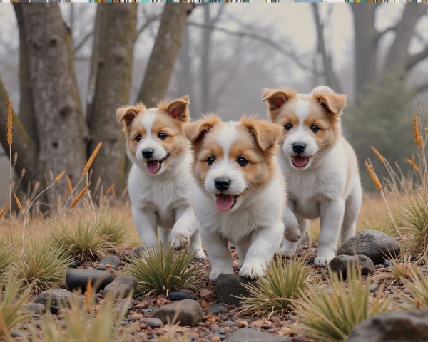 Playful Puppies in a Serene Grassy Setting