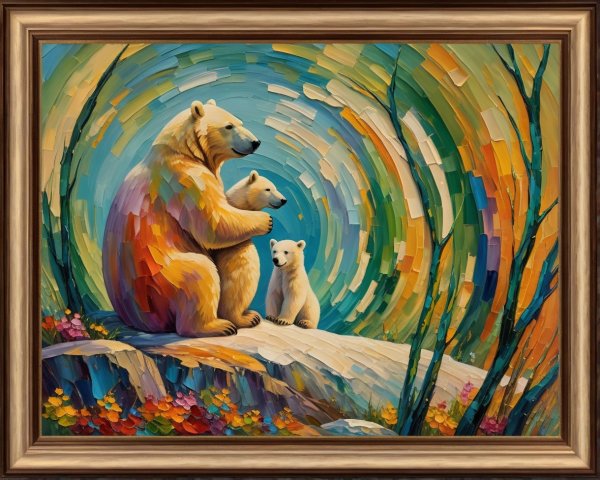 Impasto Oil Painting of Mother Polar Bear and Cubs
