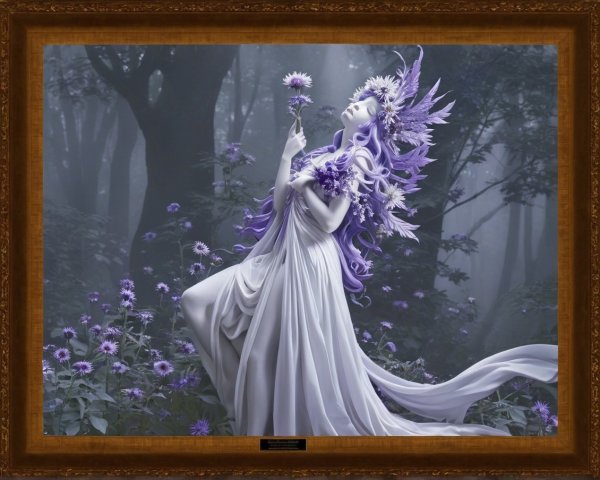Majestic figure in white and purple garments amidst flowers