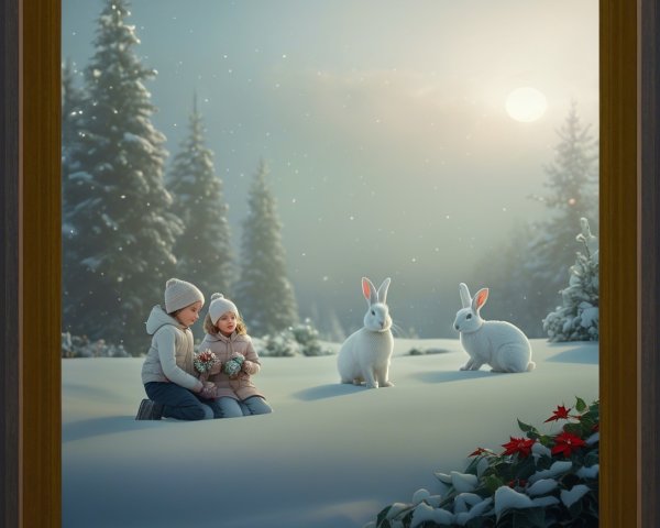 Children in Snow with Rabbits and Pine Trees