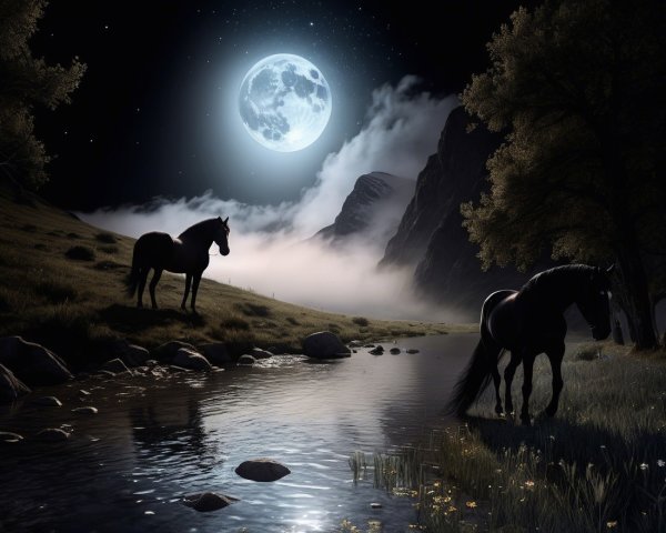 Black Horses by a Moonlit Stream at Night