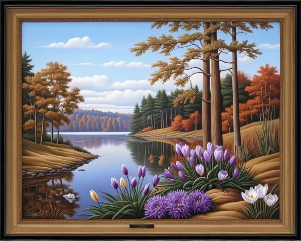 Serene Autumn Landscape with Calm Lake and Flowers