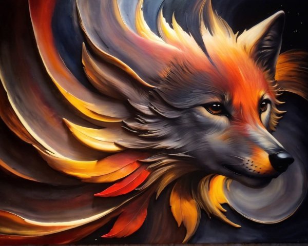 Stylized fox artwork with fiery colors and dark background