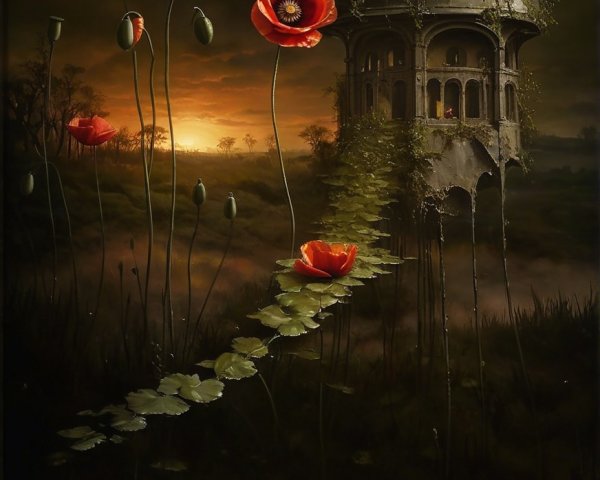 Surreal Landscape with Oversized Poppies and Waterway