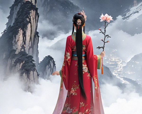 Serene Figure in Red Dress at Misty Cliff Overlook