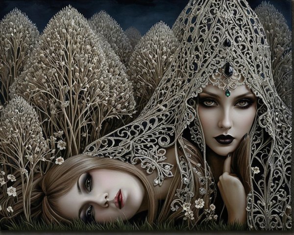 Ethereal Women in Mystical Landscape with Silver Trees
