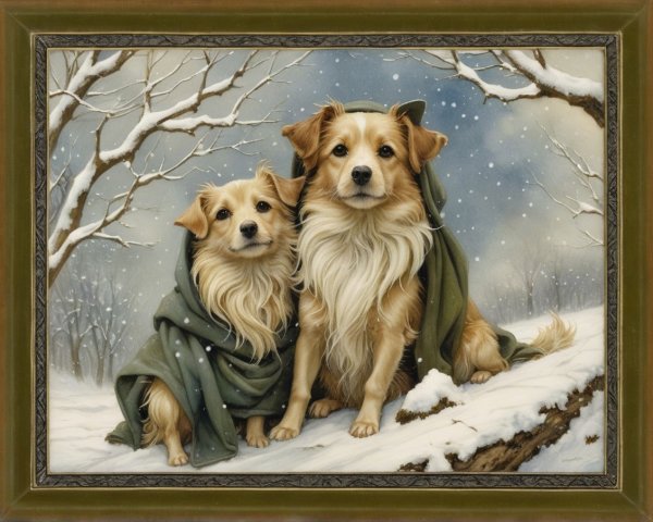 Golden-haired dogs in snowy landscape with blankets