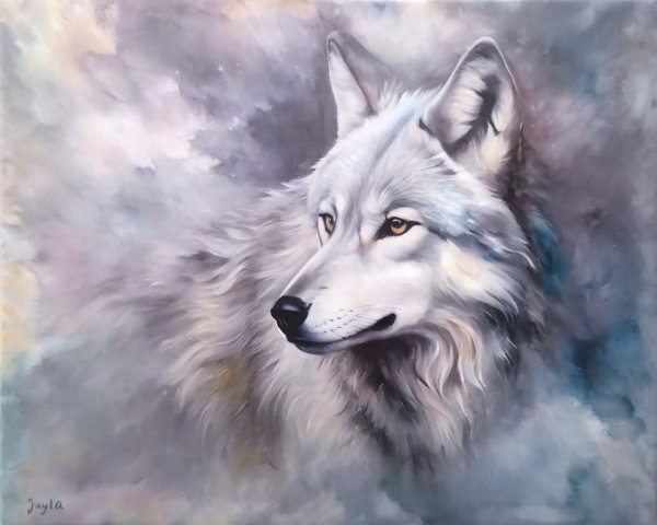 White Wolf in Profile with Abstract Background