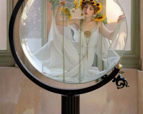 Serene Woman in White Gown Surrounded by Sunflowers