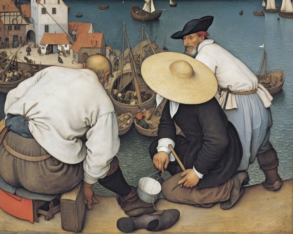 Men Conversing by the Water in a Coastal Harbor Scene