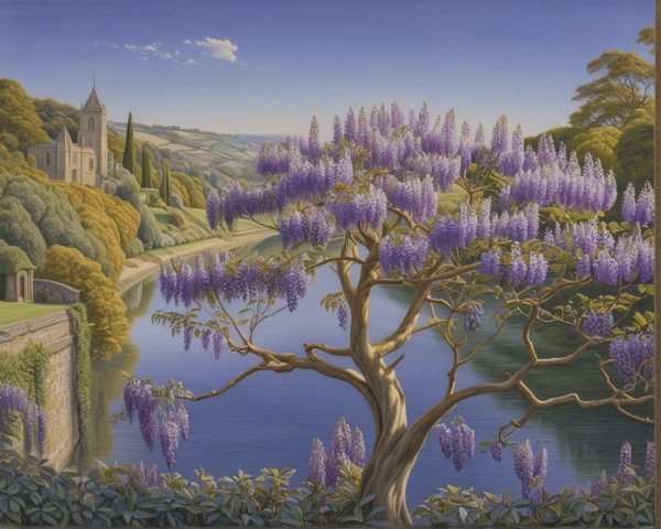 Vibrant Wisteria Tree Overlooking Tranquil River Landscape