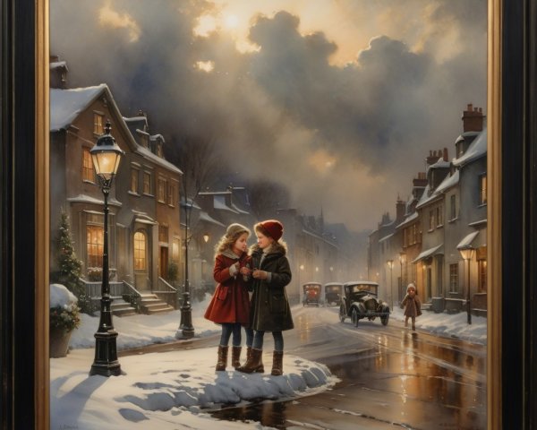 Winter Scene of Two Girls on Snowy Street Corner