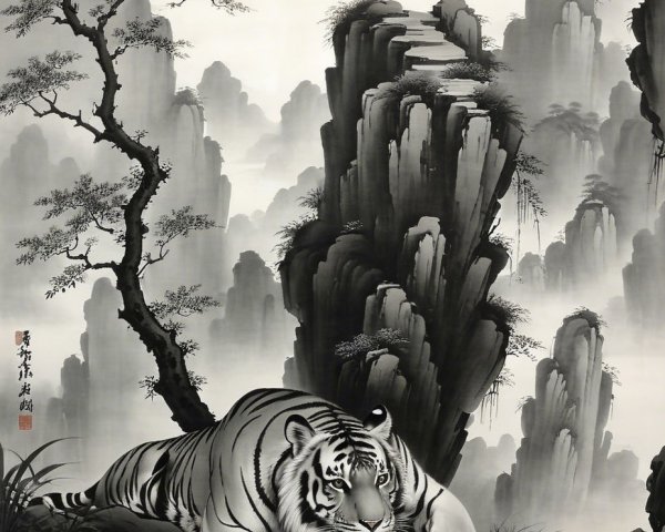 Majestic tiger on rocky outcrop in serene landscape