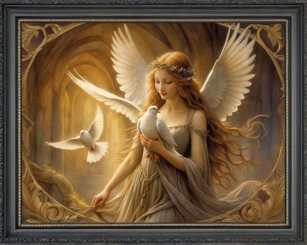Angelic Figure with Doves in Ethereal Setting