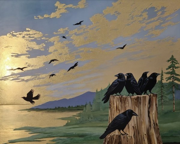 Serene Sunset Landscape with Crows and Lake