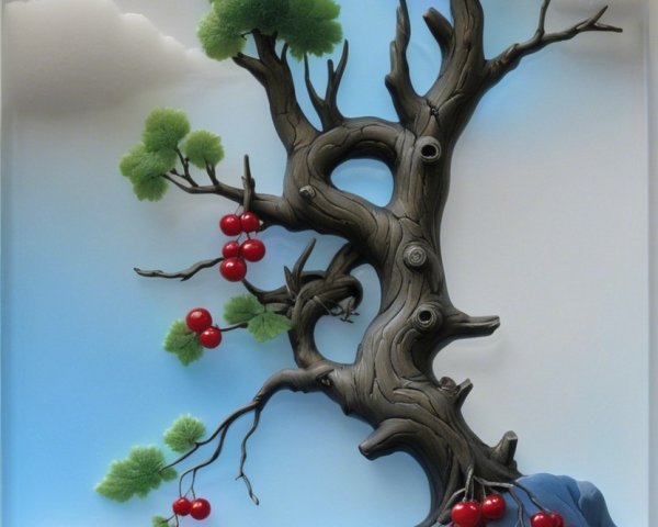 Stylized tree with cherries against blue sky and clouds