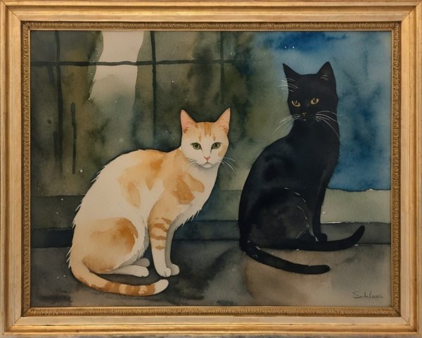 Watercolor Artwork of Two Distinct Cats in a Scene