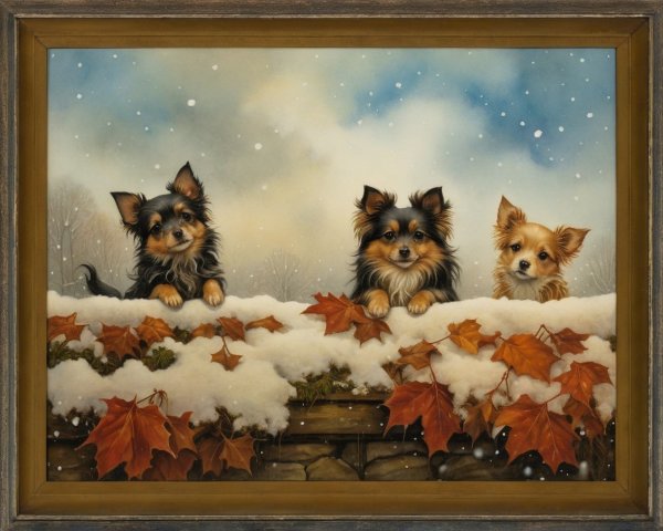 Chihuahuas on a Snowy Wall with Autumn Leaves