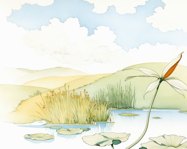 Tranquil Landscape with Water, Hills, and Flowers