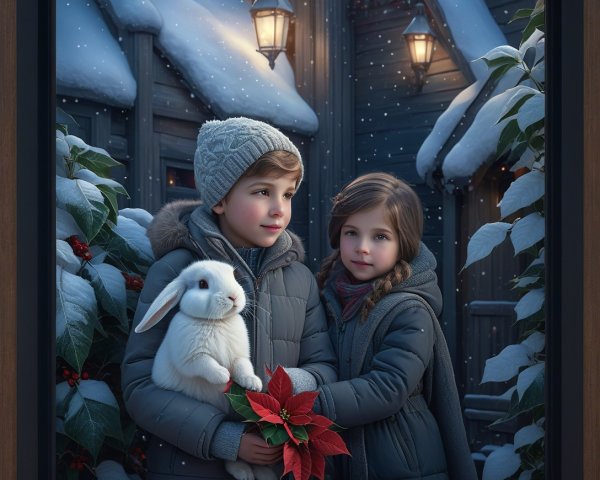 Children in Winter Coats with Rabbit and Poinsettia