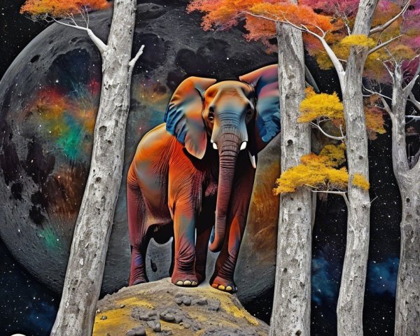 Elephants in a Surreal Cosmic Landscape with Autumn Trees