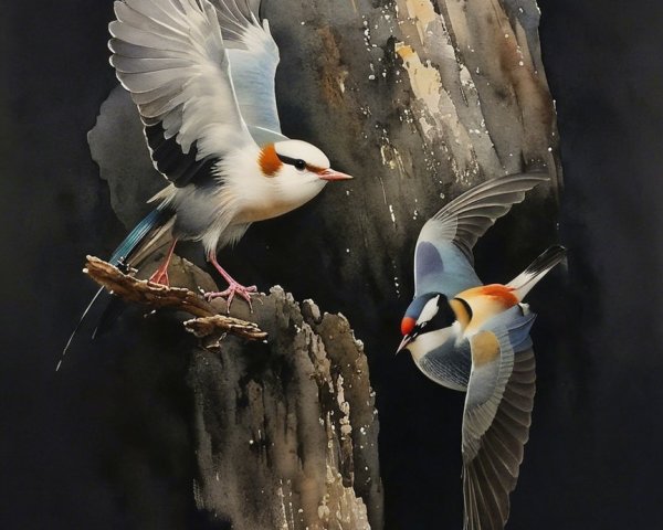 Vibrant Birds in Dynamic Poses on Dark Background