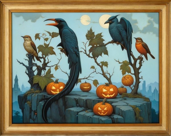 Whimsical Autumn Scene with Birds and Pumpkins
